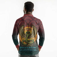 Egyptian Wadjet Winged Cobra Long Sleeve Polo Shirt with Eye of Horus in Fiery Royal Protector Theme