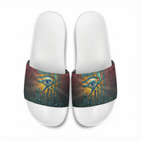 Egyptian Wadjet Winged Cobra Slide Sandals with Eye of Horus in Fiery Royal Protector Theme