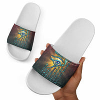 Egyptian Wadjet Winged Cobra Slide Sandals with Eye of Horus in Fiery Royal Protector Theme