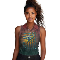 Egyptian Wadjet Winged Cobra Women Sleeveless Polo Shirt with Eye of Horus in Fiery Royal Protector Theme