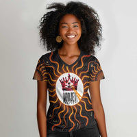 Wadjet Fiery Serpent Women V-Neck T-Shirt Egyptian Ankh Symbol in Dark Flame Protector Theme