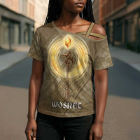 Wosret Egyptian Cross Shoulder Shirt with Golden Scepter and Archer Motif in Ancient Protector