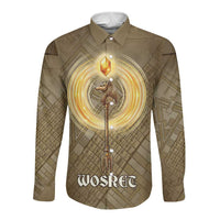 Wosret Egyptian Long Sleeve Button Shirt with Golden Scepter and Archer Motif in Ancient Protector