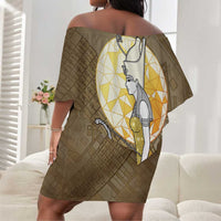Wosret Egyptian Off Shoulder Short Dress with Golden Scepter and Archer Motif in Ancient Protector