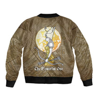 Wosret Egyptian Sleeve Zip Bomber Jacket with Golden Scepter and Archer Motif in Ancient Protector