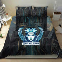Wosret Winged Crown Bedding Set Egyptian Cyber Circuit Design in Futuristic Blue Theme