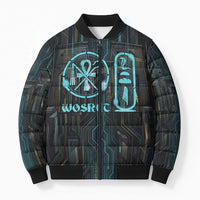 Wosret Winged Crown Bomber Puffer Jacket Egyptian Cyber Circuit Design in Futuristic Blue Theme