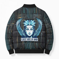 Wosret Winged Crown Bomber Puffer Jacket Egyptian Cyber Circuit Design in Futuristic Blue Theme
