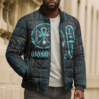 Wosret Winged Crown Bomber Puffer Jacket Egyptian Cyber Circuit Design in Futuristic Blue Theme