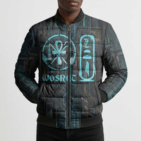 Wosret Winged Crown Bomber Puffer Jacket Egyptian Cyber Circuit Design in Futuristic Blue Theme