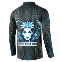 Wosret Winged Crown Button Sweatshirt Egyptian Cyber Circuit Design in Futuristic Blue Theme