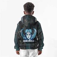 Wosret Winged Crown Kid Hoodie Egyptian Cyber Circuit Design in Futuristic Blue Theme