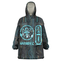 Wosret Winged Crown Kid Wearable Blanket Hoodie Egyptian Cyber Circuit Design in Futuristic Blue Theme