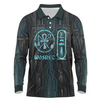 Wosret Winged Crown Long Sleeve Polo Shirt Egyptian Cyber Circuit Design in Futuristic Blue Theme