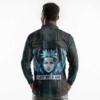 Wosret Winged Crown Long Sleeve Polo Shirt Egyptian Cyber Circuit Design in Futuristic Blue Theme