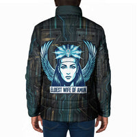 Wosret Winged Crown Padded Jacket Egyptian Cyber Circuit Design in Futuristic Blue Theme