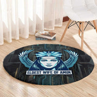 Wosret Winged Crown Round Carpet Egyptian Cyber Circuit Design in Futuristic Blue Theme