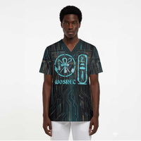Wosret Winged Crown Scrub Top Egyptian Cyber Circuit Design in Futuristic Blue Theme
