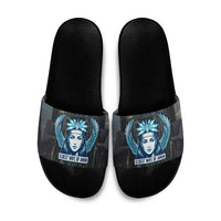 Wosret Winged Crown Slide Sandals Egyptian Cyber Circuit Design in Futuristic Blue Theme