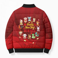 Chinese Zodiac Happy New Year Bomber Puffer Jacket Festive Cartoon Illustration Style