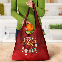 Chinese Zodiac Happy New Year Grocery Bag Festive Cartoon Illustration Style