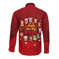 Chinese Zodiac Happy New Year Long Sleeve Button Shirt Festive Cartoon Illustration Style
