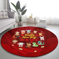 Chinese Zodiac Happy New Year Round Carpet Festive Cartoon Illustration Style