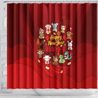 Chinese Zodiac Happy New Year Shower Curtain Festive Cartoon Illustration Style