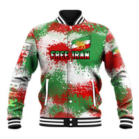 Free Iran Baseball Jacket Lion and Sun Emblem Grunge Paint Splash Style