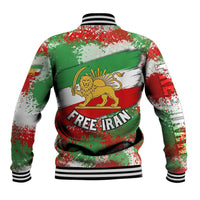 Free Iran Baseball Jacket Lion and Sun Emblem Grunge Paint Splash Style