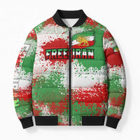 Free Iran Bomber Puffer Jacket Lion and Sun Emblem Grunge Paint Splash Style