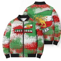 Free Iran Bomber Puffer Jacket Lion and Sun Emblem Grunge Paint Splash Style