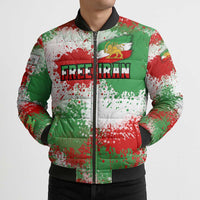 Free Iran Bomber Puffer Jacket Lion and Sun Emblem Grunge Paint Splash Style