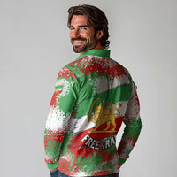 Free Iran Long Sleeve Polo Shirt Lion and Sun Emblem Grunge Paint Splash Style