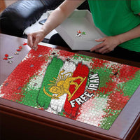 Free Iran Puzzle Lion and Sun Emblem Grunge Paint Splash Style