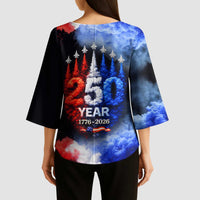 USA 250th Anniversary Celebration Kimono Sleeve Blouse Patriotic Smoke Burst Art Style