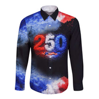 USA 250th Anniversary Celebration Long Sleeve Button Shirt Patriotic Smoke Burst Art Style