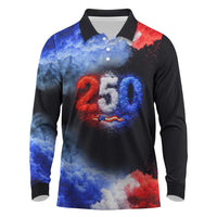 USA 250th Anniversary Celebration Long Sleeve Polo Shirt Patriotic Smoke Burst Art Style