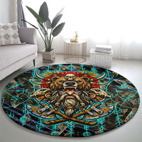 Viking Berserker Bear Warrior Round Carpet Norse Mythology Rune Sigil Illustration