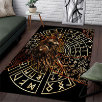 Viking Shieldmaiden and Yggdrasil Area Rug Norse Rune Circle Mythology Illustration