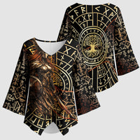 Viking Shieldmaiden and Yggdrasil Kimono Sleeve Blouse Norse Rune Circle Mythology Illustration
