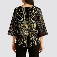 Viking Shieldmaiden and Yggdrasil Kimono Sleeve Blouse Norse Rune Circle Mythology Illustration