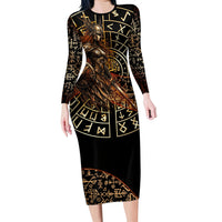 Viking Shieldmaiden and Yggdrasil Long Sleeve Bodycon Dress Norse Rune Circle Mythology Illustration