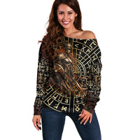 Viking Shieldmaiden and Yggdrasil Off Shoulder Sweater Norse Rune Circle Mythology Illustration