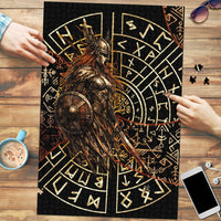 Viking Shieldmaiden and Yggdrasil Puzzle Norse Rune Circle Mythology Illustration