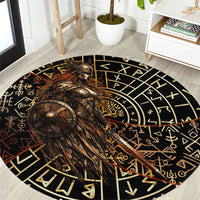 Viking Shieldmaiden and Yggdrasil Round Carpet Norse Rune Circle Mythology Illustration