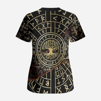 Viking Shieldmaiden and Yggdrasil Scrub Top Norse Rune Circle Mythology Illustration