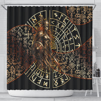 Viking Shieldmaiden and Yggdrasil Shower Curtain Norse Rune Circle Mythology Illustration