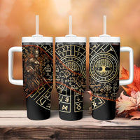 Viking Shieldmaiden and Yggdrasil Tumbler With Handle Norse Rune Circle Mythology Illustration