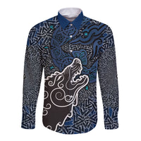 Viking Wolf and Valknut Long Sleeve Button Shirt Nordic Knotwork Rune Illustration